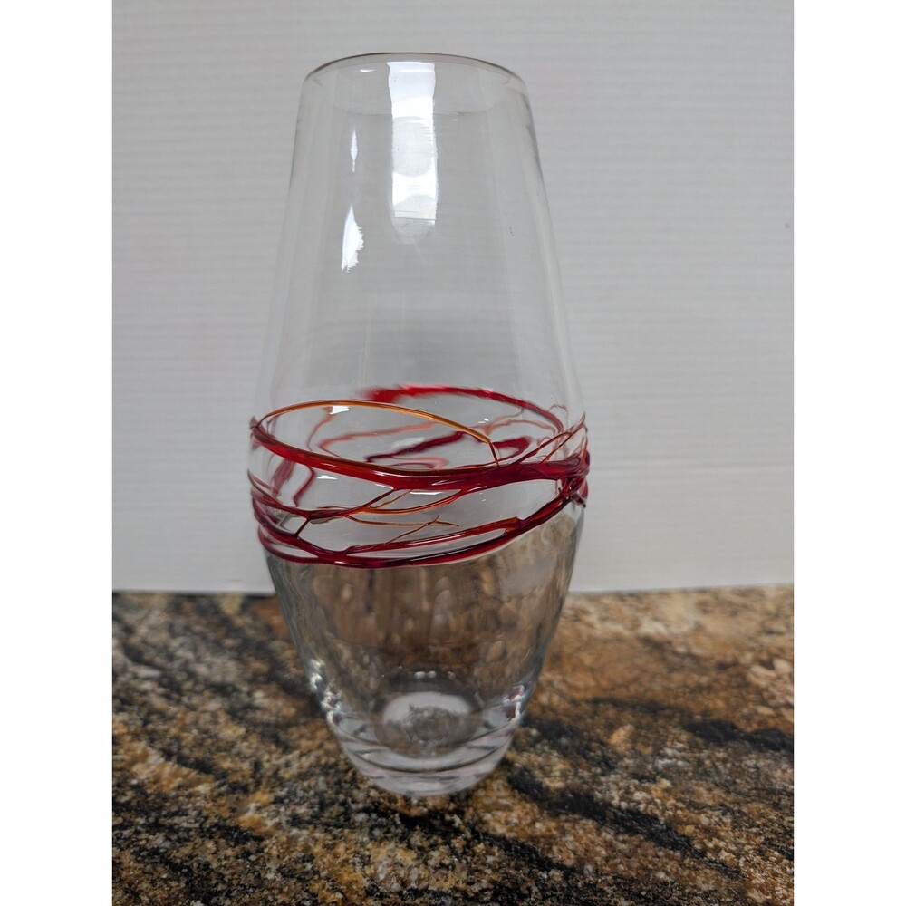 Blenko Glass Vase Red Threads Clear 9720 Label  10.75” Tall